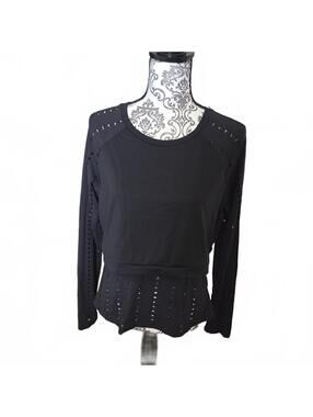 Fabletics Black Long Sleeve Workout Top with Laser Cut Details, size Small